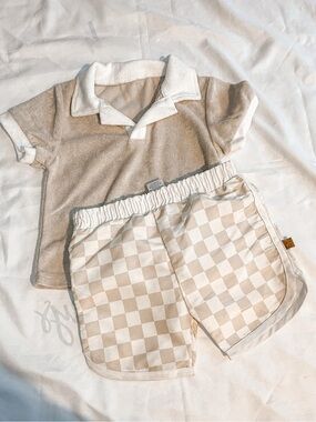 Lila & Jack Beige Terry Polo & Checkered Swim Shorts Set Neutral Two-Piece 2T